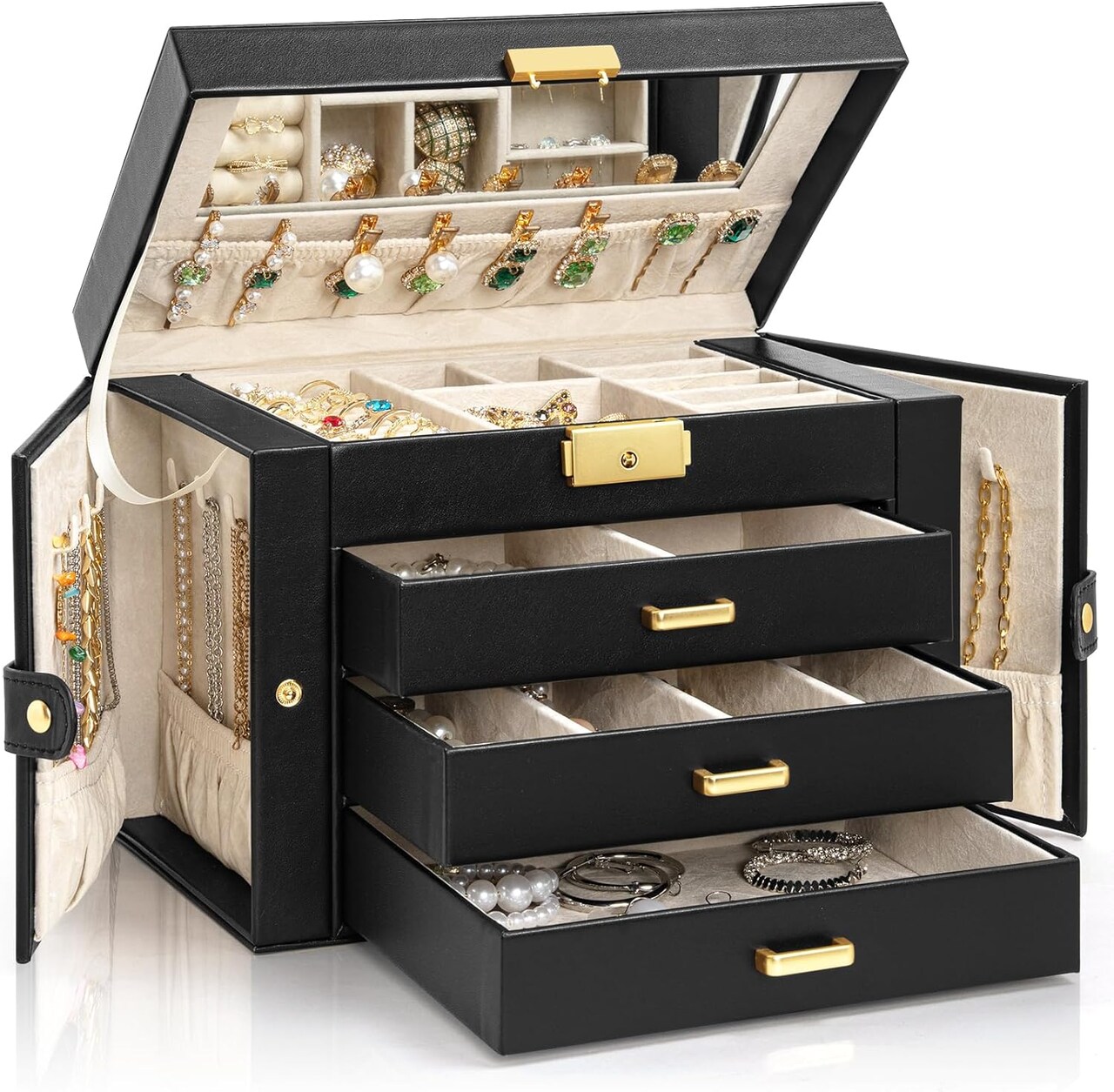 Large 4-Tier Jewelry Box Leather Jewelry Storage Organizer with 3 Drawers Lockable for Women Girls Ring Necklace Earring Bracelet Watches Holder with Mirror Black